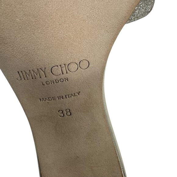 New Jimmy Choo Saeda Block Heel Glitter Crystals Sandals Platinum Size 38 - Picture 12 of 14